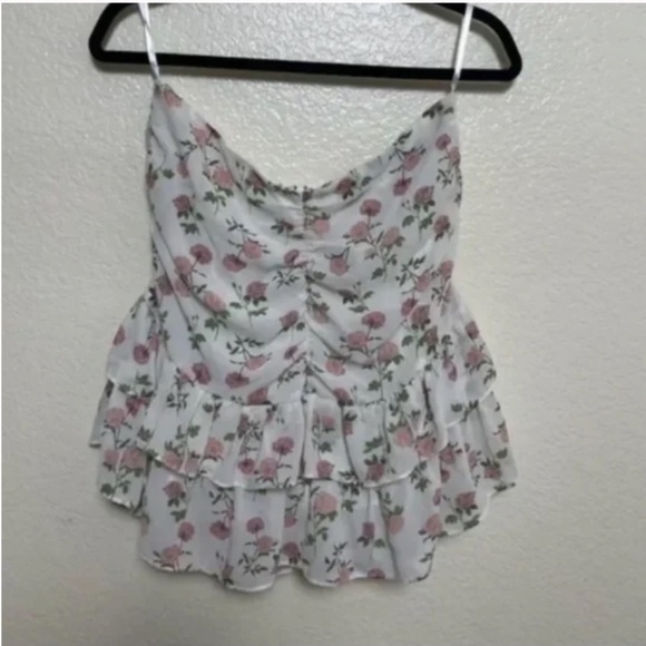 Strapless Floral Ruffle Peasant Shabby Romantic Love Chic Glam Hip Blouse Top - Picture 2 of 3